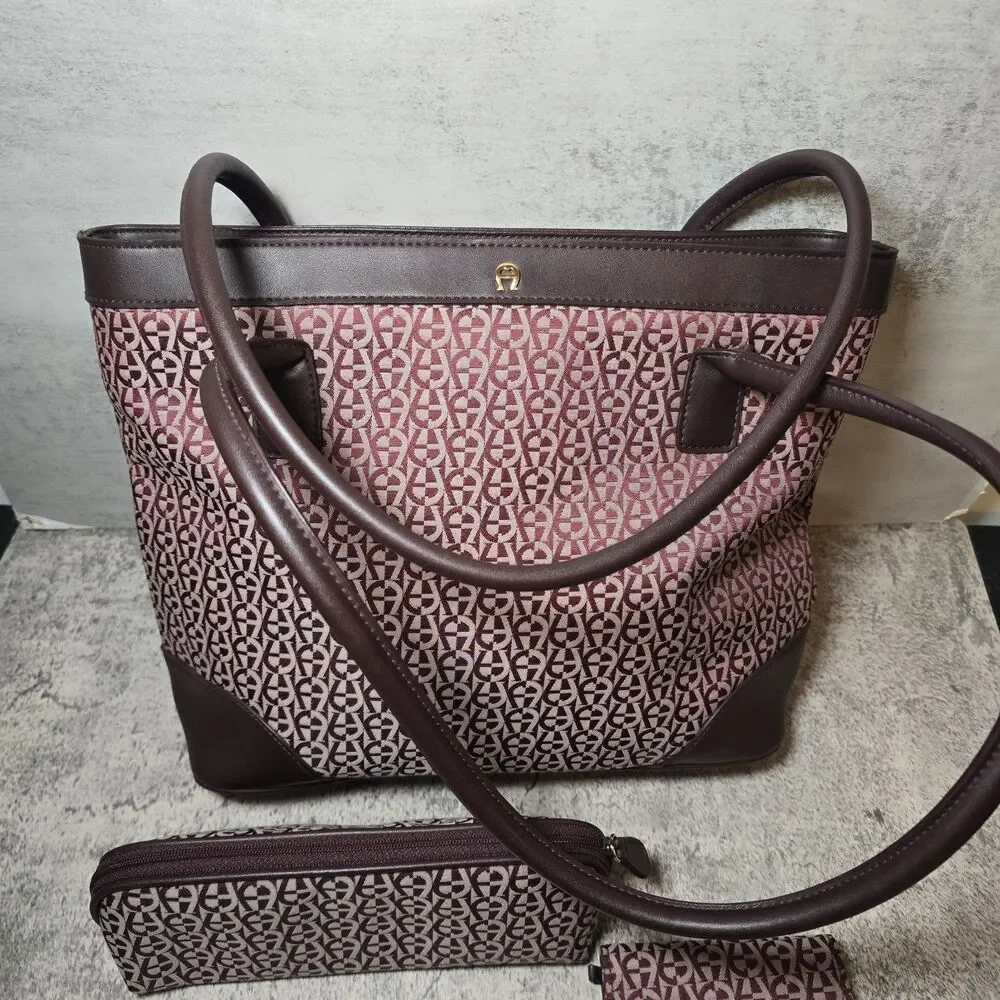 Etienne Aigner Burgundy Brown Logo Fabric Leather Handbag Purse W Wallet Makeup
